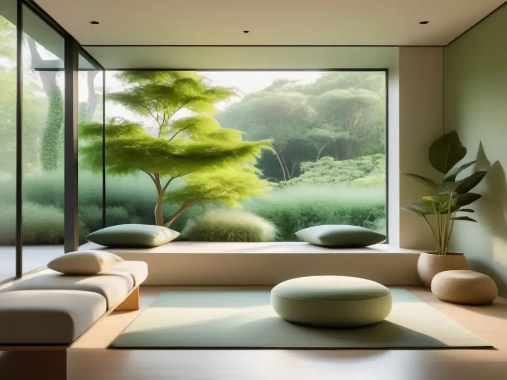 Espacio de meditación ergonómico con diseño minimalista y vista al jardín