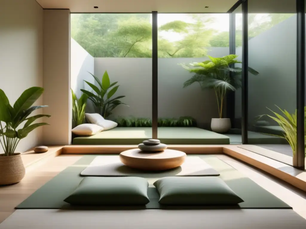 Espacio de meditación moderno con vistas a un jardín tranquilo: técnicas de relajación para hombres ocupados