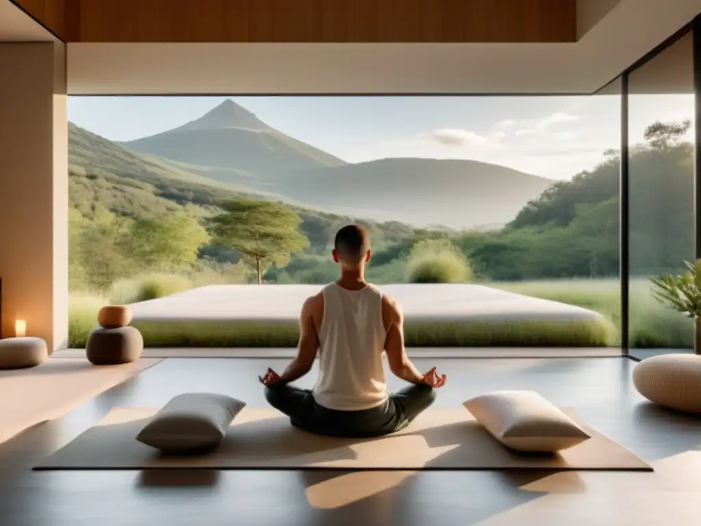 Beneficios de la meditación en hombres: Espacio minimalista con vista a la naturaleza, hombre meditando con serenidad