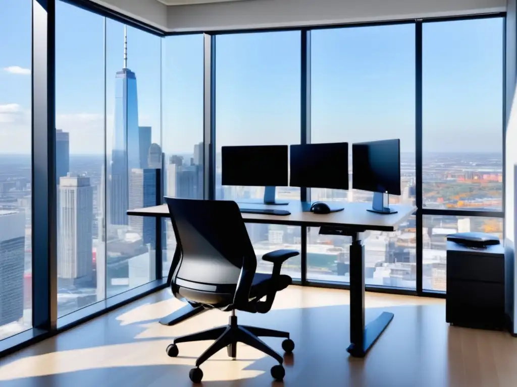 Espacio de oficina moderno con vistas a una ciudad bulliciosa, resaltando la importancia de la ergonomía en moda masculina