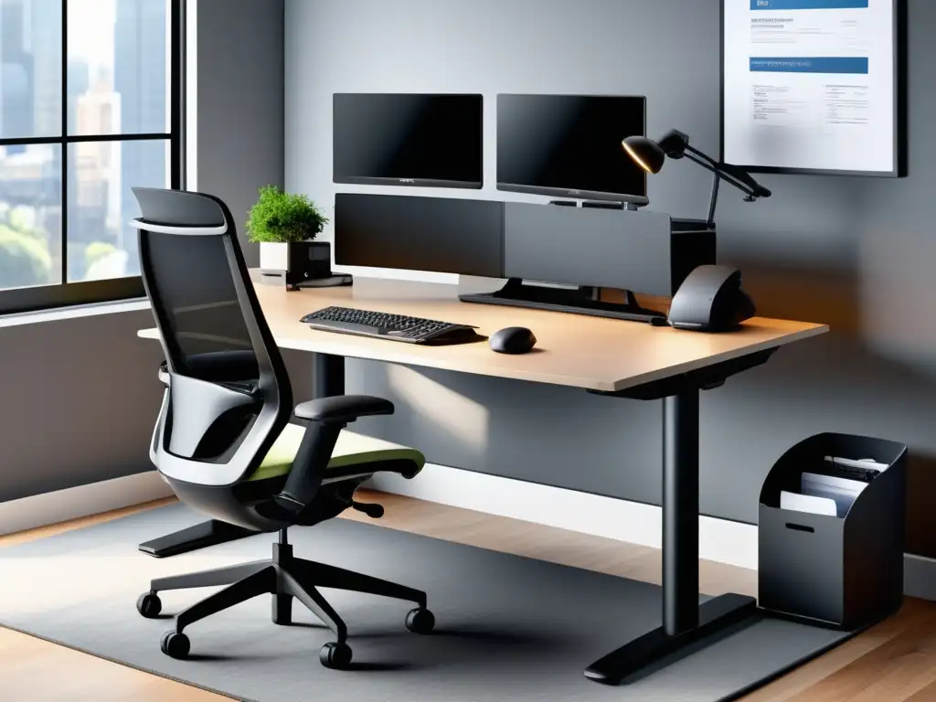 Espacio de trabajo moderno con muebles ergonómicos y dispositivos tecnológicos