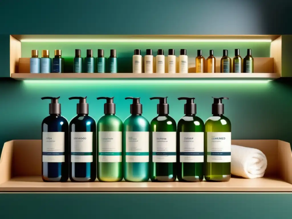 Beneficios champús sin sulfatos hombres, estante elegante con botellas de shampoo de ingredientes naturales, diseño vibrante y colores armoniosos