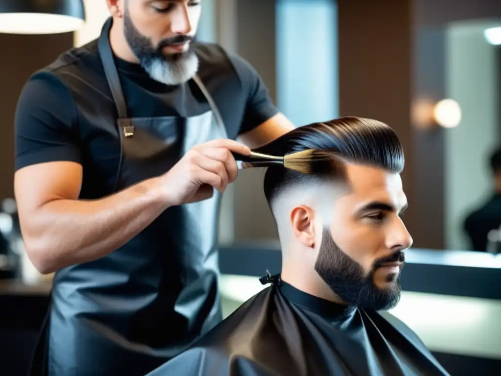 Beneficios de queratina capilar para hombres: experto aplicando tratamiento en salón moderno