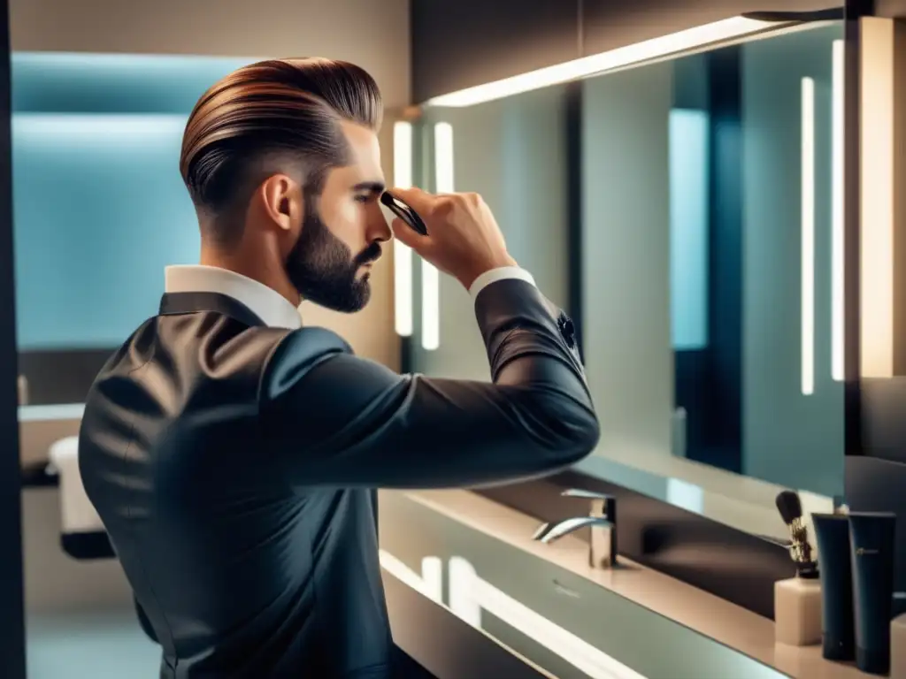 Beneficios de styling en cabello masculino: hombre estilizado aplica producto en baño contemporáneo