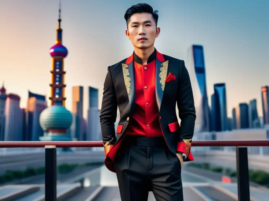 Moda masculina china influencia asiática: hombre elegante en ciudad moderna