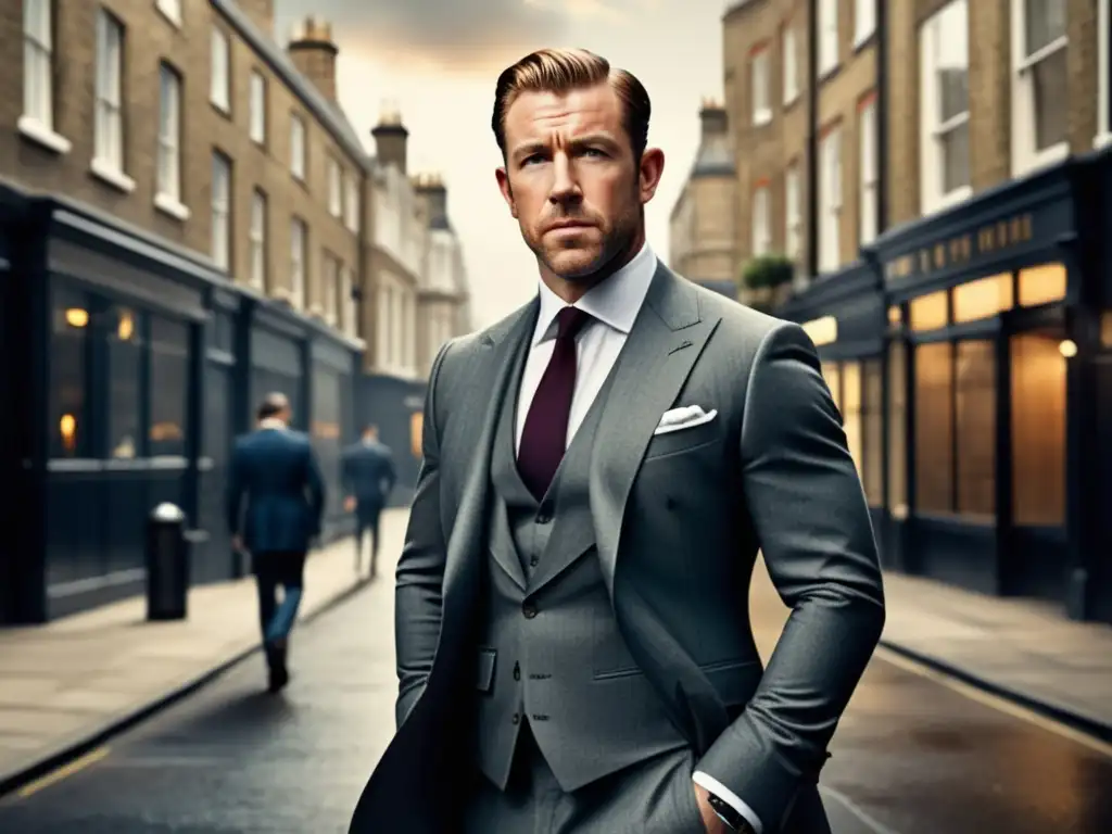 Influencia películas Guy Ritchie moda masculina: Elegante caballero británico en traje moderno, confiado en una calle urbana londinense