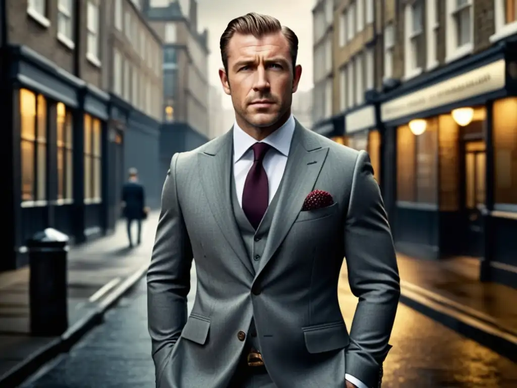 Moda masculina influencia películas Guy Ritchie, elegante británico con traje a medida en entorno urbano reminiscente de Londres