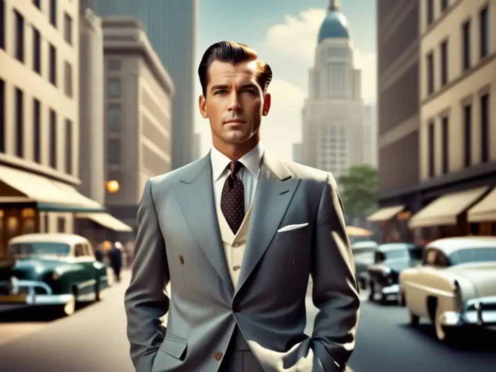 Tendencias moda masculina años 50: Caballero elegante en traje bien cortado, destacándose en una calle animada