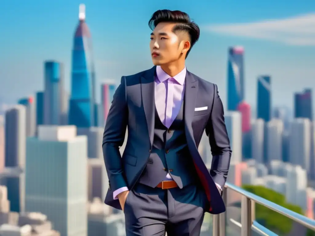 Moda Coreana: Tendencias masculinas Asia - Joven asiático con estilo viste traje moderno, fusionando elegancia, innovación e identidad cultural