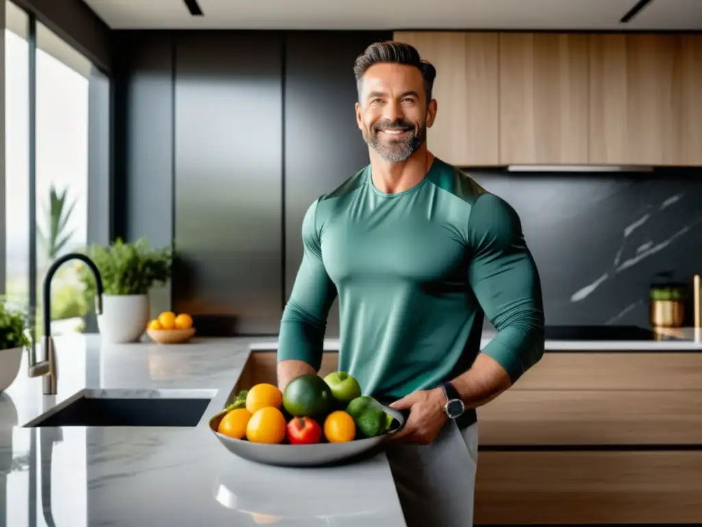 Hombre fit en cocina moderna con comida saludable - Dieta masculina para transformar estilo