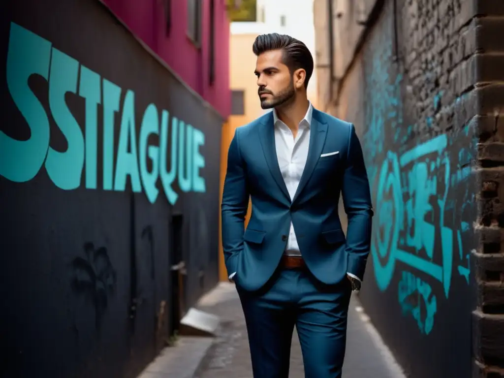 Un hombre elegante destaca en una calle graffiteada, mostrando cómo destacar estilo masculino en fotografías