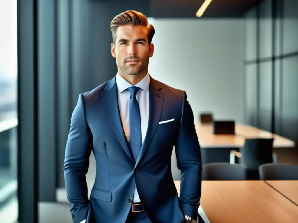 Hombre elegante en traje bien ajustado y moderna oficina, exuda profesionalismo y confianza con reloj sofisticado