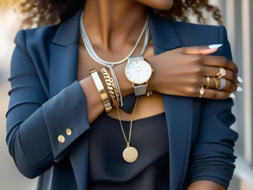 Transformación del look casual con accesorios - Mujer elegante con reloj plateado, pulseras y collar dorado, expresando confianza y sofisticación