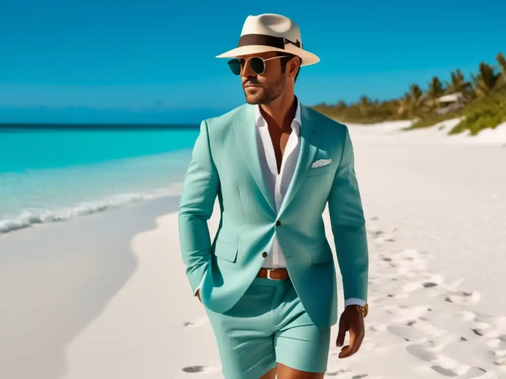 Hombre chic en playa con ropa de playa elegante