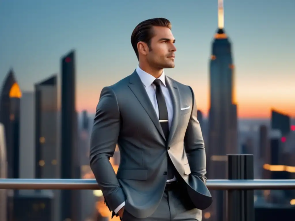 Hombre elegante en traje gris, ciudad al atardecer