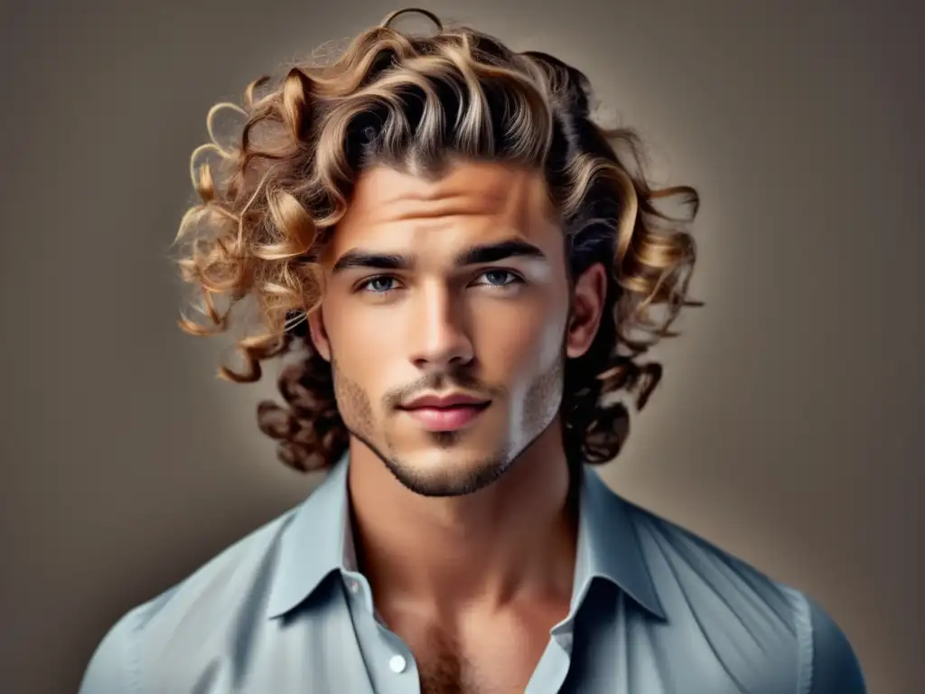 Un joven elegante con peinado de rizos definidos y cabello ondulado, luciendo confiado y estilizado