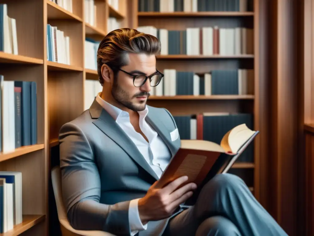 Hombre elegante en acogedor rincón de lectura rodeado de estanterías llenas de literatura clásica