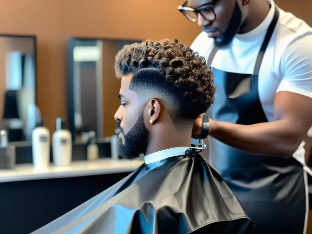 Hombre con pelo rizado en barbería, corte en capas para realzar rizos