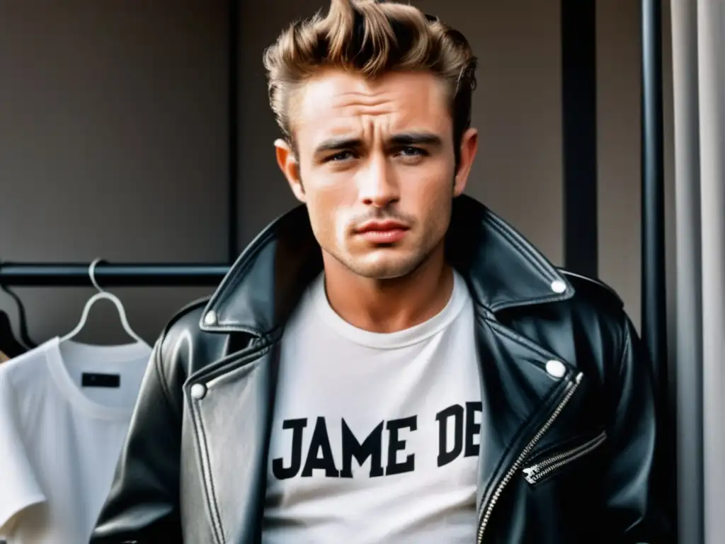 Moda masculina inspirada en James Dean: camiseta blanca, chaqueta de cuero y jeans ajustados en un fondo minimalista