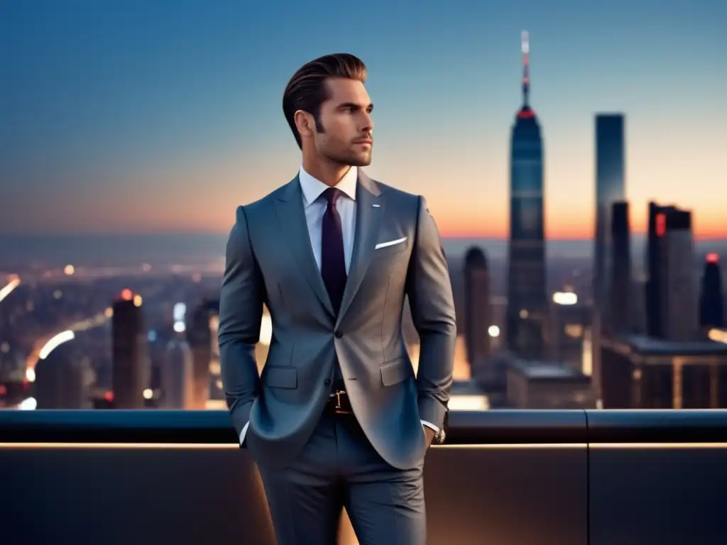 Hombre elegante con traje en ciudad al atardecer - Estilo personal moda masculina