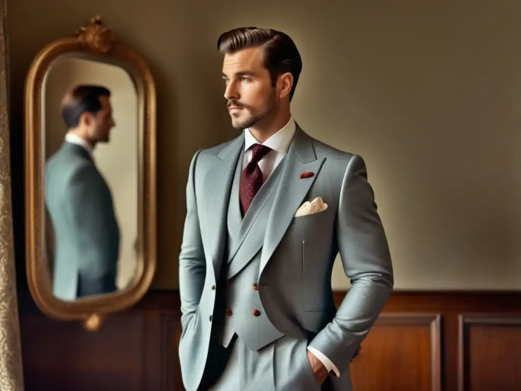 Ventajas moda masculina segunda mano: hombre elegante en traje vintage frente a espejo, estilo impecable, atención a detalles, variedad de opciones