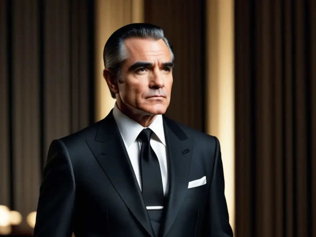 Tendencias de moda masculina en películas de Martin Scorsese: Imagen de un elegante personaje vestido con un impecable traje negro y camisa blanca