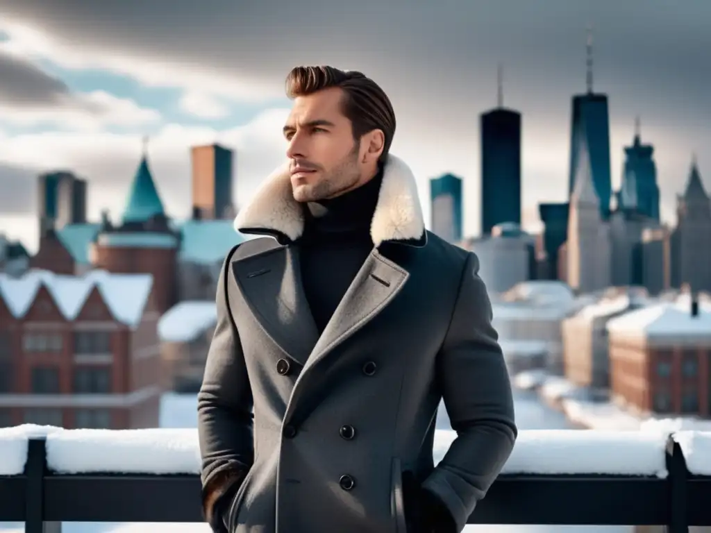 Influencia estaciones moda masculina: hombre elegante con abrigo gris, turtleneck negro, bufanda gris, jeans azules y botas negras