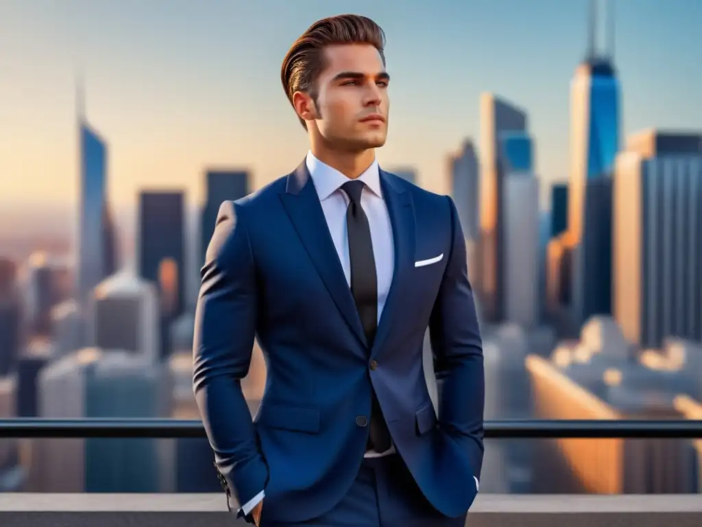 Consejos moda masculina autoestima: Joven confiado, estilo urbano, traje azul ajustado, ciudad vibrante, rascacielos dorados