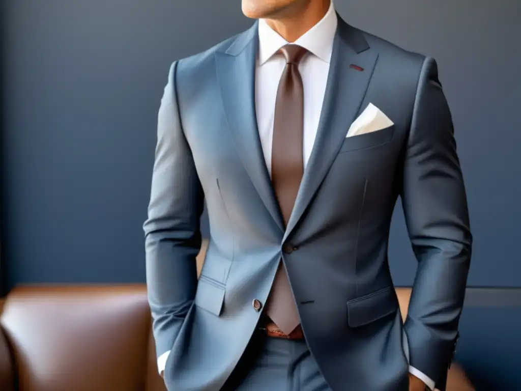 Estilo Madureño: Hombre elegante en traje gris, camisa blanca, corbata azul y zapatos de cuero marrón