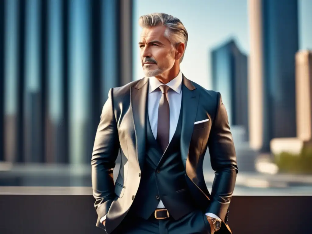 Consejos estilo casual chic madurez: hombre elegante en traje bien confeccionado, de pie confiado en entorno urbano moderno