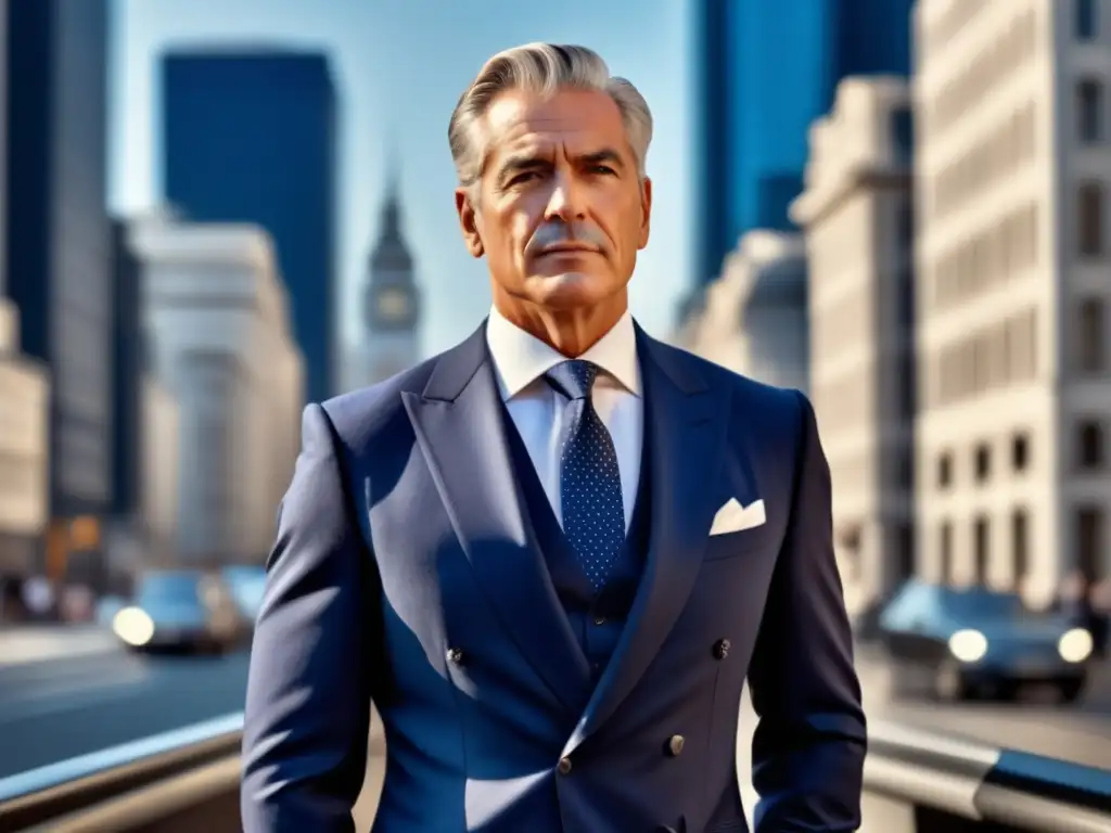 Consejos de estilo madureño masculino: Imagen impresionante de hombre elegante y sofisticado en traje azul marino, camisa blanca y corbata sutilmente estampada, destacando la atención al detalle y refinamiento