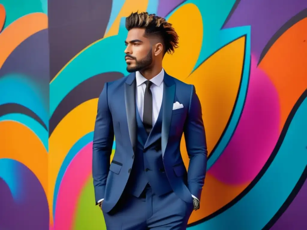 Tendencias estilo masculino artistas: modelo con traje pintado y grafiti vibrante