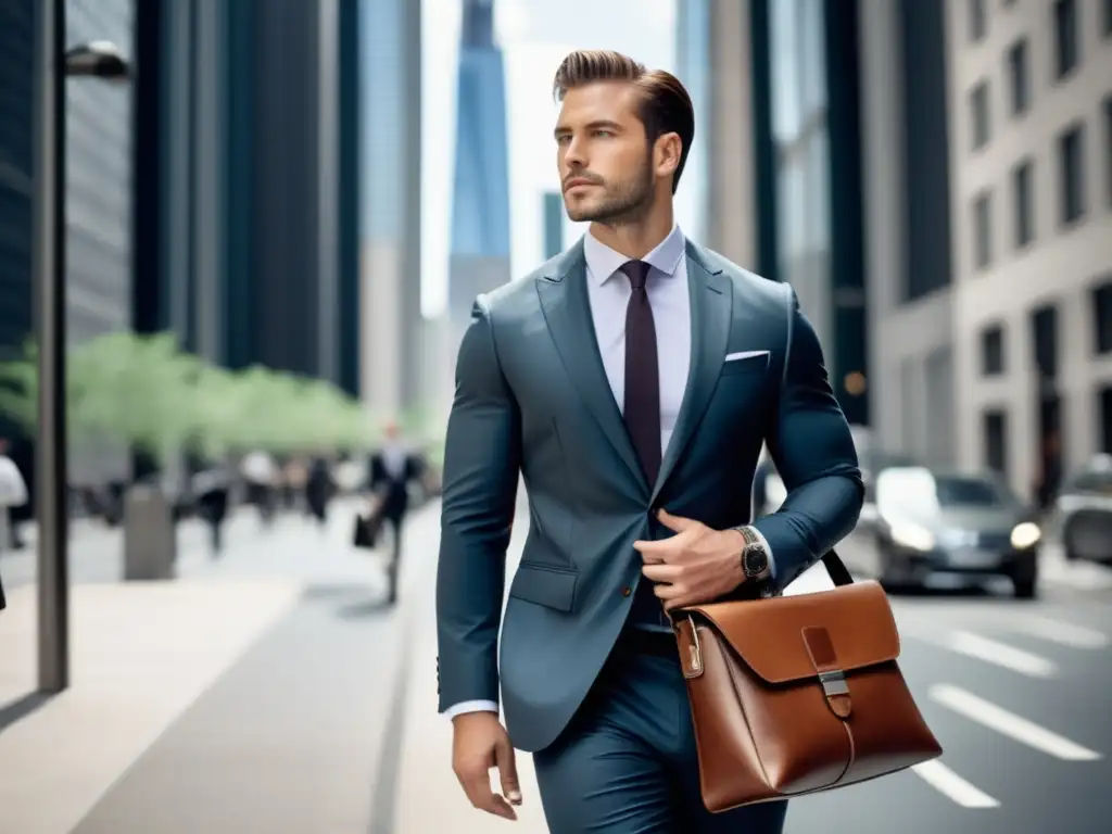 Bolsos de hombre tendencias 2021 - Hombre elegante con traje y dos bolsos, en una calle moderna rodeada de rascacielos