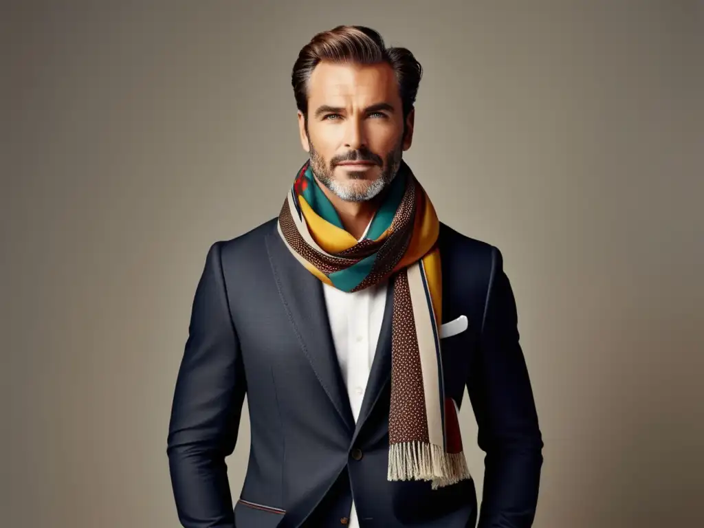 Consejos para usar bufandas masculinas: hombre elegante con bufanda colorida y estampada, en un ambiente minimalista