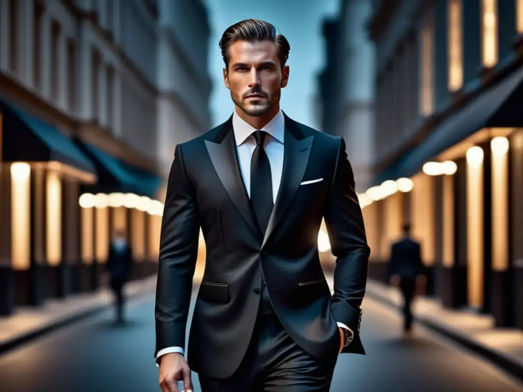 Estiloso hombre en traje negro, moda masculina películas mafia contemporánea