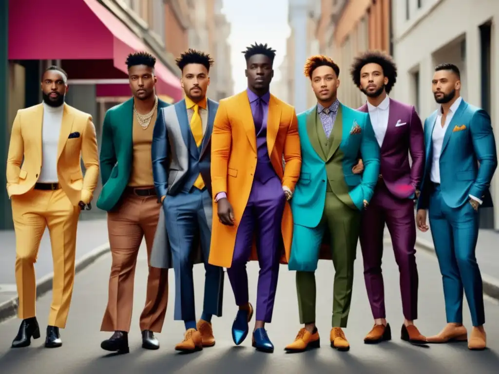 Moda masculina: hombres desafían roles, estilo único, colores vibrantes, identidad personal, artículo progresivo