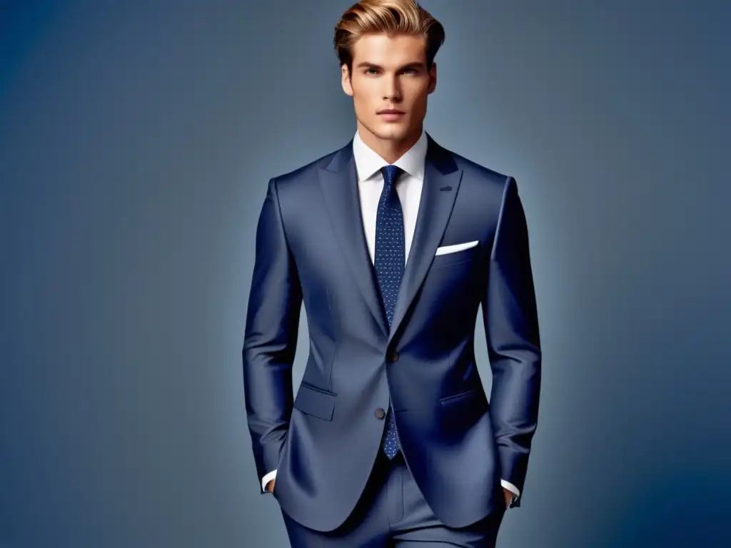 Lenguaje oculto moda masculina: modelo elegante con traje azul marino de patrón sutil, simbolizando precisión y sofisticación