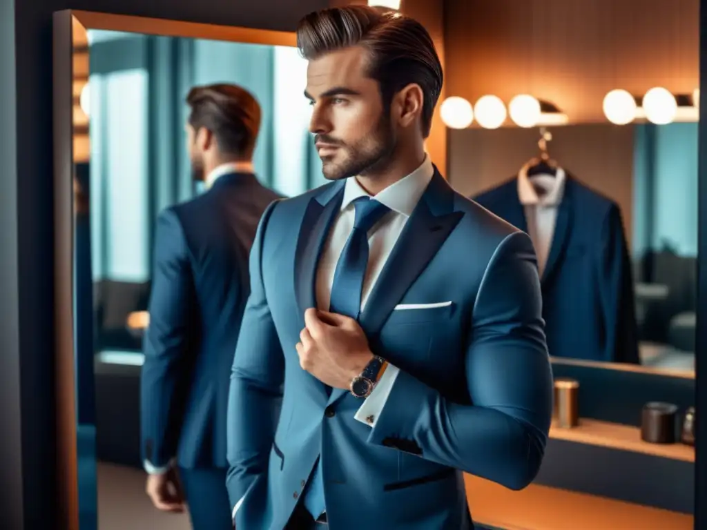 Importancia del estilo personal en hombres: un hombre elegante frente al espejo, ajustando su corbata, refleja confianza y sofisticación