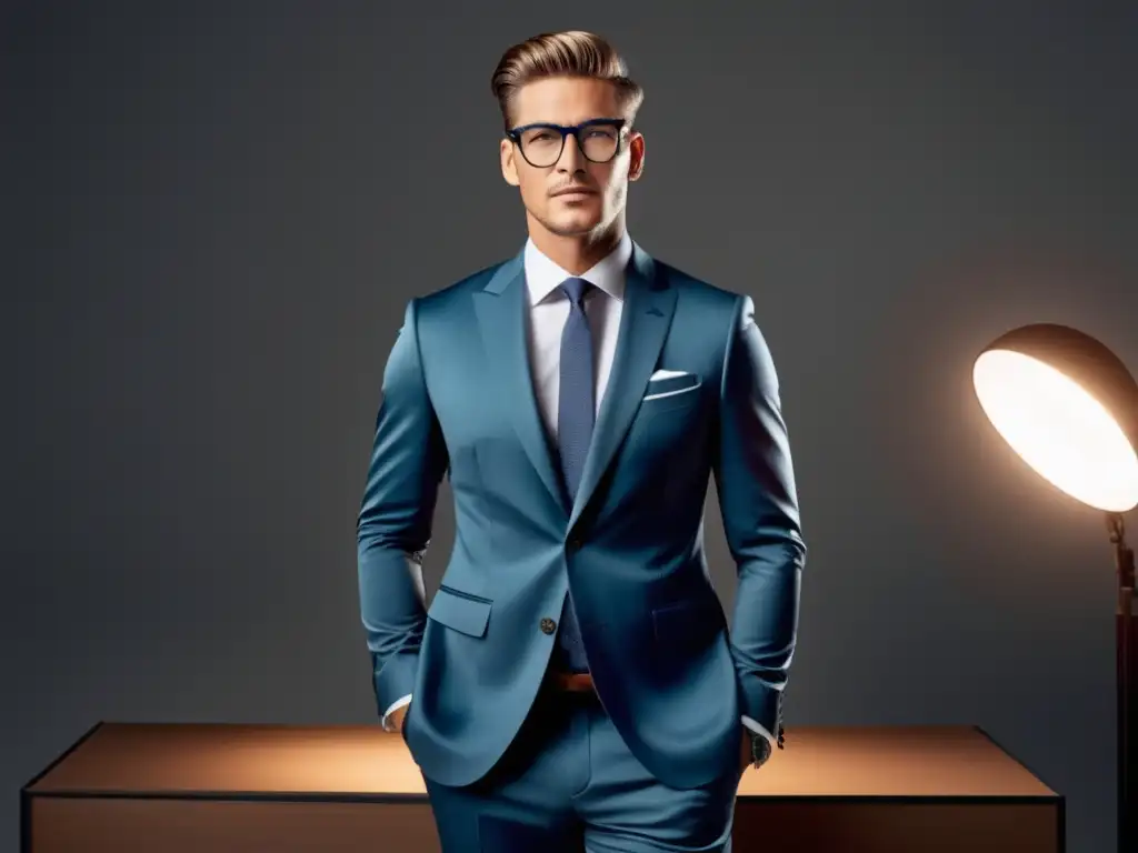 Fotografía de moda masculina brillante, modelo en traje elegante, estudio contemporáneo, luz natural y artificial, impactante estética