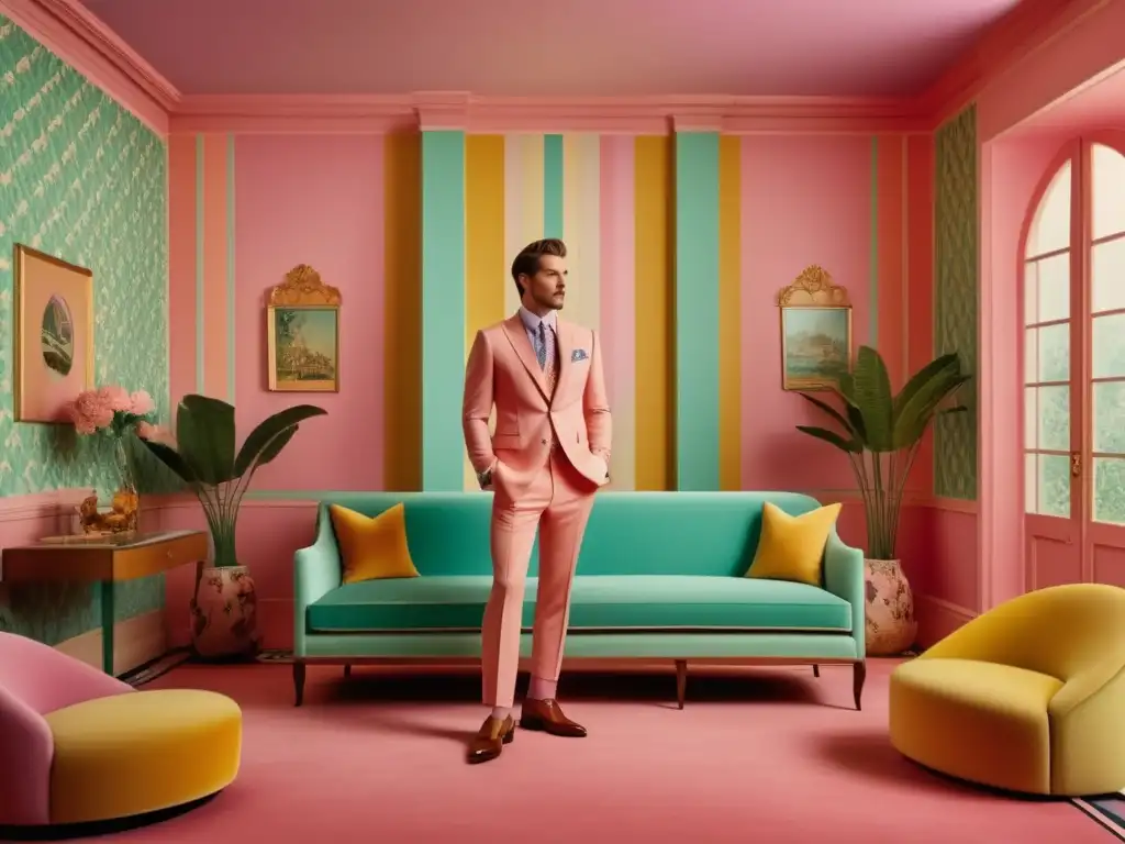 Modelo masculino con estilo en habitación de colores pastel inspirada en Wes Anderson, tendencias moda masculina