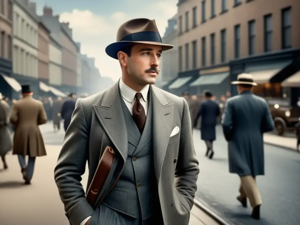 Tendencias moda masculina periodo entreguerras, hombre elegante en la ciudad con arquitectura art déco y coches vintage