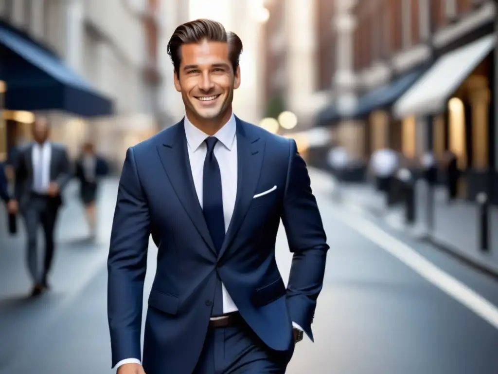 Moda masculina y autoconocimiento: Hombre elegante en traje azul camina por la ciudad