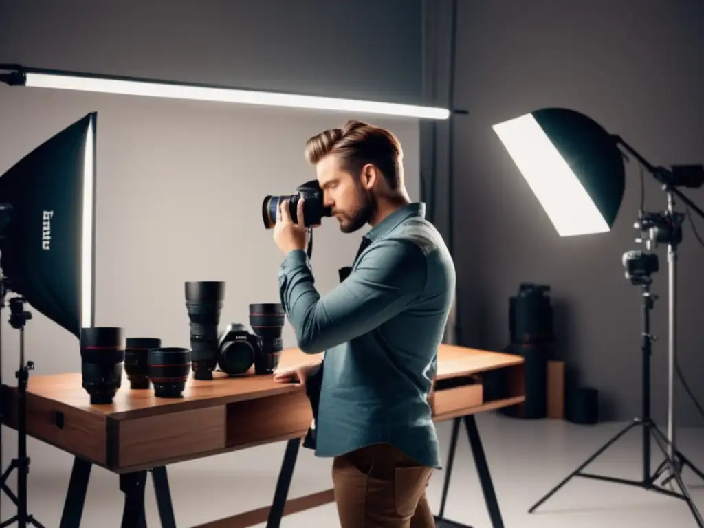 Fotógrafo masculino en estudio moderno, ajustando equipos de iluminación - Técnicas de fotografía estilo masculino