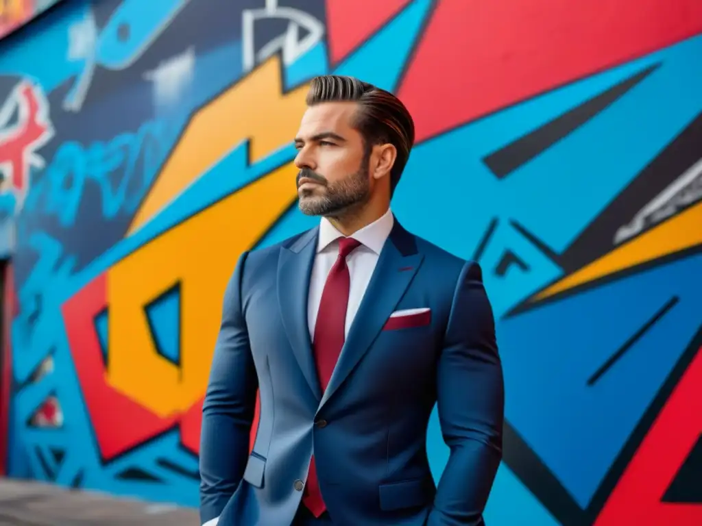 Capturar estilo masculino en imágenes con graffitis vibrantes y un hombre elegante en un entorno moderno