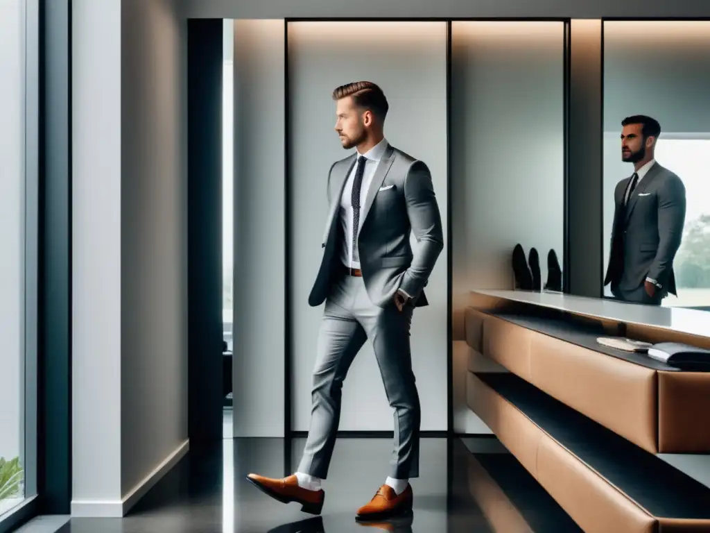 Importancia del estilo en hombres: hombre elegante en vestidor minimalista ajustando su corbata frente al espejo