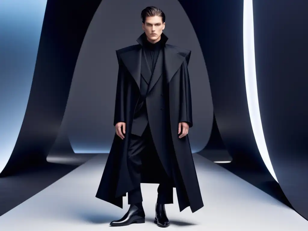 Tendencias moda masculina Yohji Yamamoto: Modelo masculino con atuendo vanguardista de Yohji Yamamoto, destacando detalles y estilo