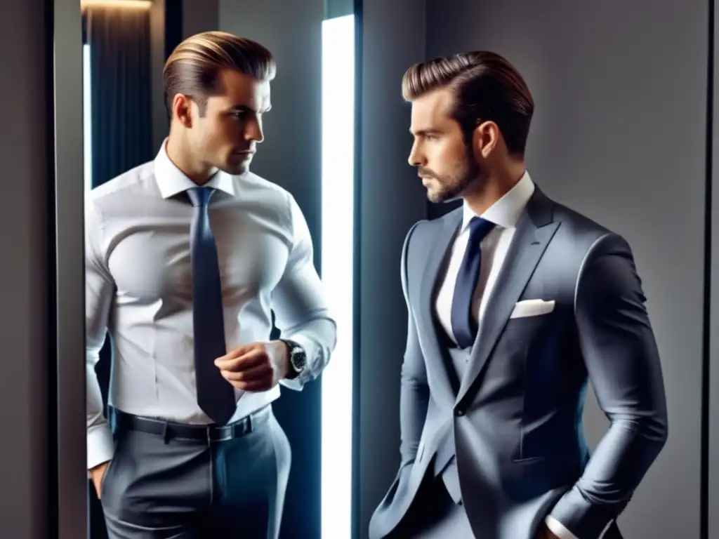 Consejos moda masculina actual: hombre elegante frente al espejo, evaluando su atuendo con seriedad