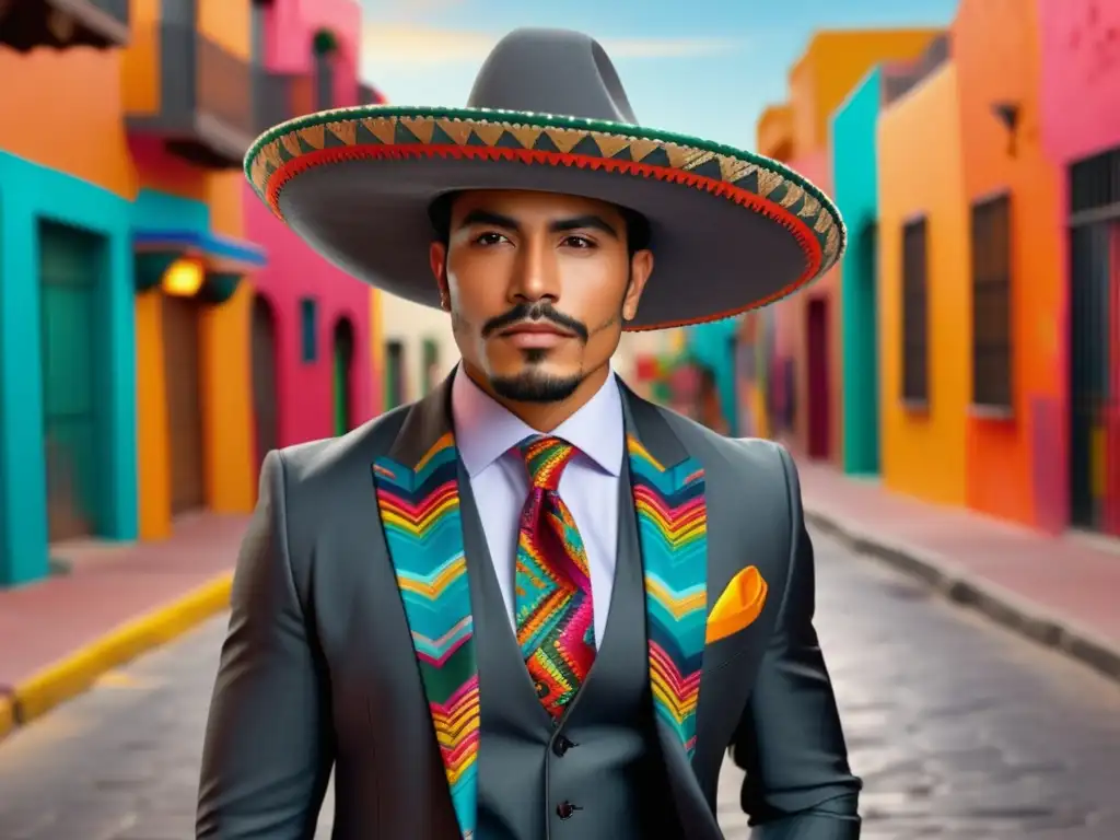 Tendencias moda masculina México: Hombre mexicano elegante en traje gris con patrones aztecas y accesorios tradicionales