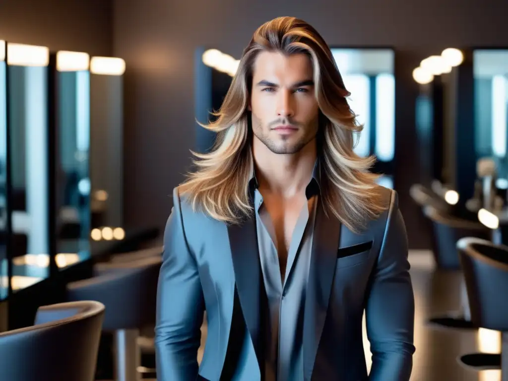 Tendencias cortes peinados hombres pelo largo en moderno salón con hombre con cabello largo y capas, estilo y sofisticación