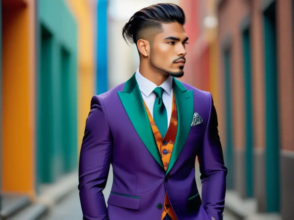 Estilos locales moda masculina: modelo elegante fusiona moda europea, latinoamericana y asiática en entorno urbano contemporáneo